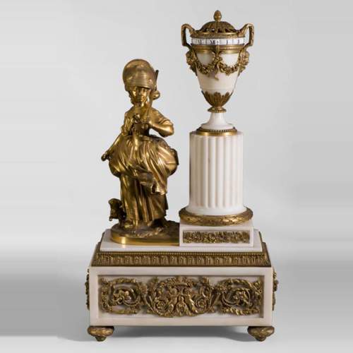 Rare Louis XVI style clock with turning dial with young shepherdess decor, Statuary marble and gilt bronze