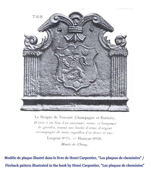 Antique cast iron fireback with coat of arms with a sword and two stars, two ionic pilasters and leather cut pattern, late 17th century -6