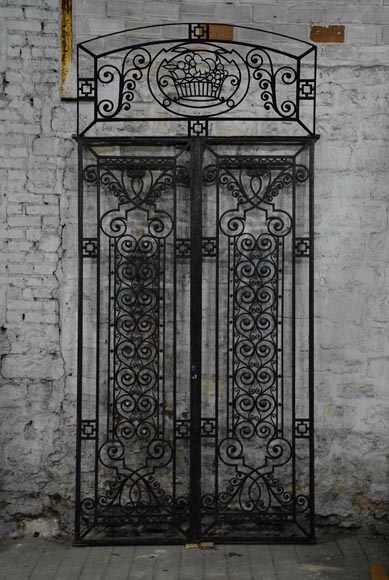 Antique Art Deco wrought iron door with fruit basket, 1930s-0