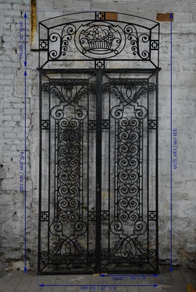 Antique Art Deco wrought iron door with fruit basket, 1930s-7