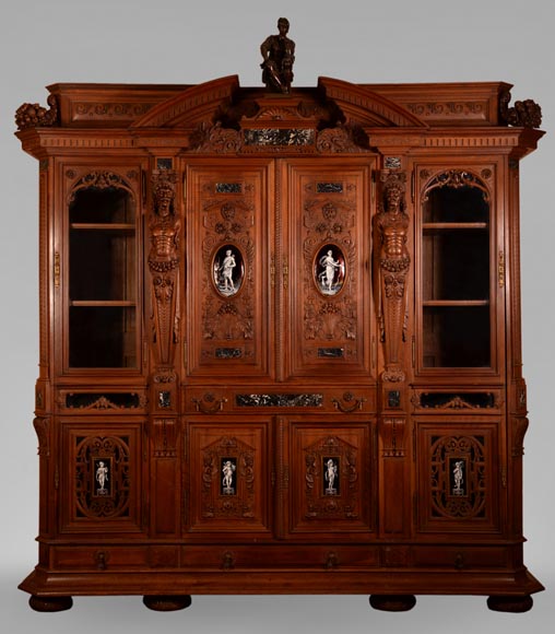 MAZAROZ-RIBAILLIER & SOYER Théophile — Important Neo-Renaissance carved walnut display cabinet with painted enamel plaques MAZAROZ-RIBAILLIER & SOYER Théophile — Important Neo-Renaissance carved walnut display cabinet with painted enamel plaques-0