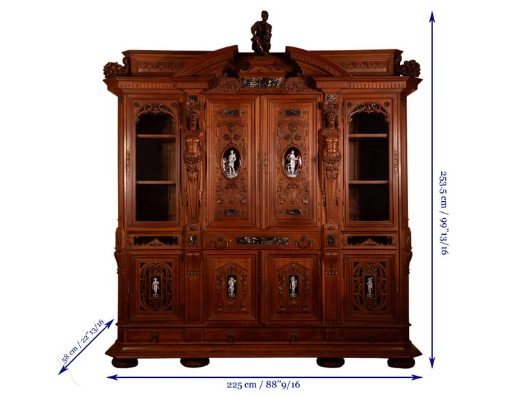 MAZAROZ-RIBAILLIER & SOYER Théophile — Important Neo-Renaissance carved walnut display cabinet with painted enamel plaques MAZAROZ-RIBAILLIER & SOYER Théophile — Important Neo-Renaissance carved walnut display cabinet with painted enamel plaques-17