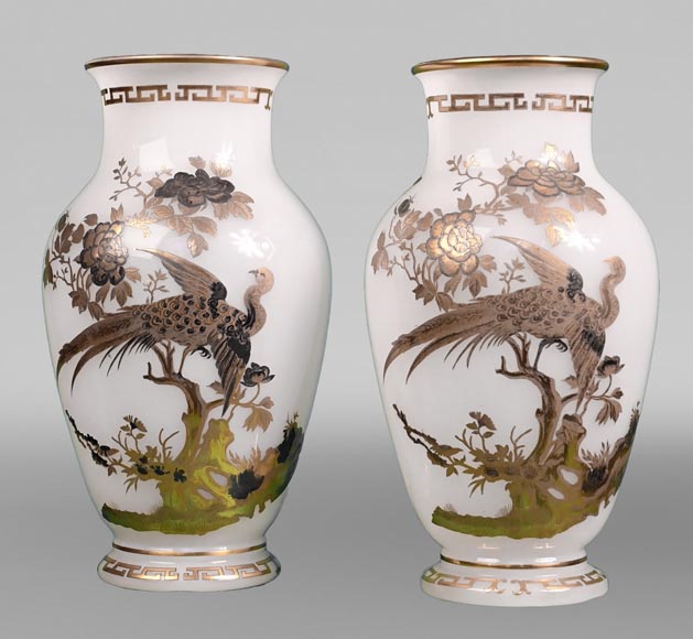 BACCARAT, Pair of Vases With Peacock, Rooster and Wader, circa 1880-0