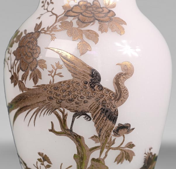 BACCARAT, Pair of Vases With Peacock, Rooster and Wader, circa 1880-5