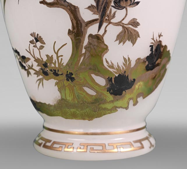 BACCARAT, Pair of Vases With Peacock, Rooster and Wader, circa 1880-6