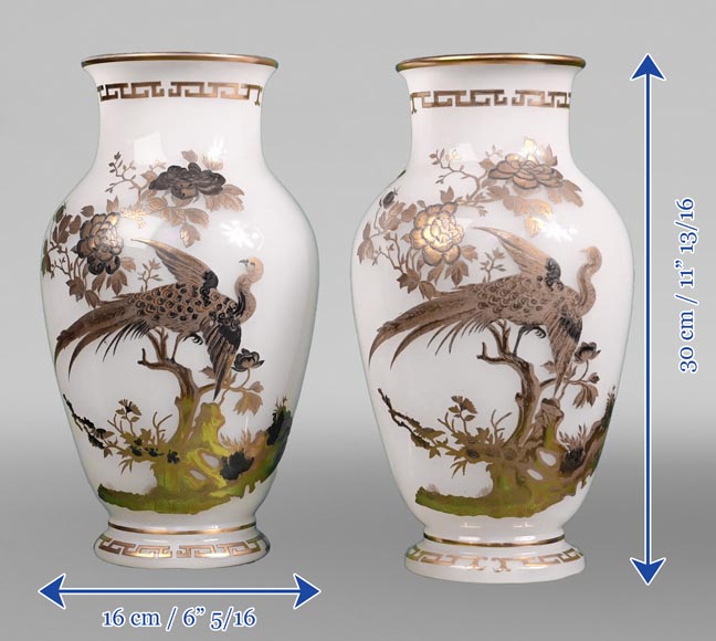 BACCARAT, Pair of Vases With Peacock, Rooster and Wader, circa 1880-8