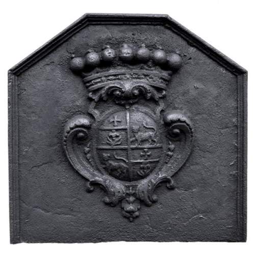 Antique cast iron fireback with the Joly family coat of arms, 18th century