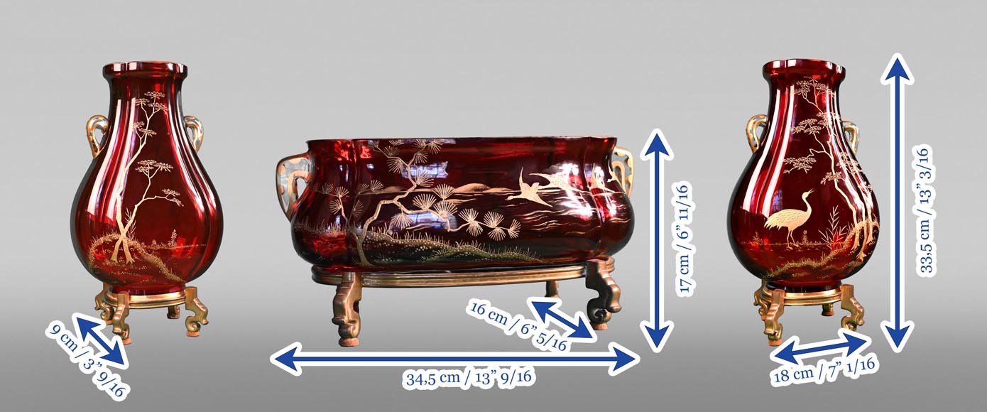 BACCARAT, Garniture with Japanese landscape, circa 1880-7