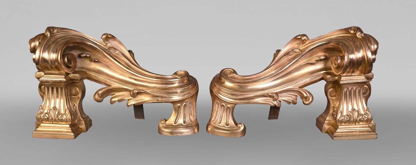 Pair of large-volute gilt bronze andirons, signed Henri Vian, late 19th century Pair of large-volute gilt bronze andirons, signed Henri Vian, late 19th century-0