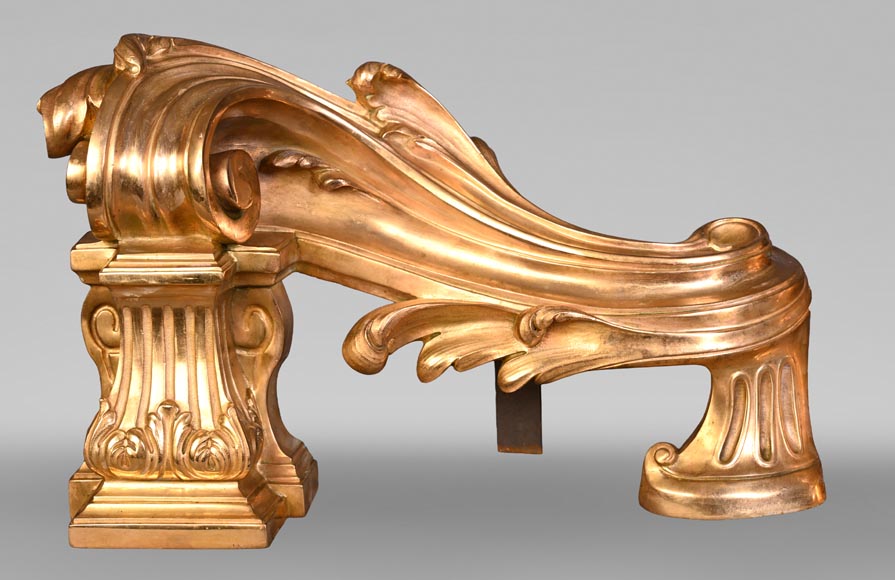 Pair of large-volute gilt bronze andirons, signed Henri Vian, late 19th century Pair of large-volute gilt bronze andirons, signed Henri Vian, late 19th century-1