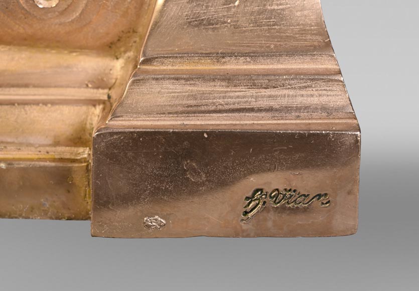 Pair of large-volute gilt bronze andirons, signed Henri Vian, late 19th century Pair of large-volute gilt bronze andirons, signed Henri Vian, late 19th century-7