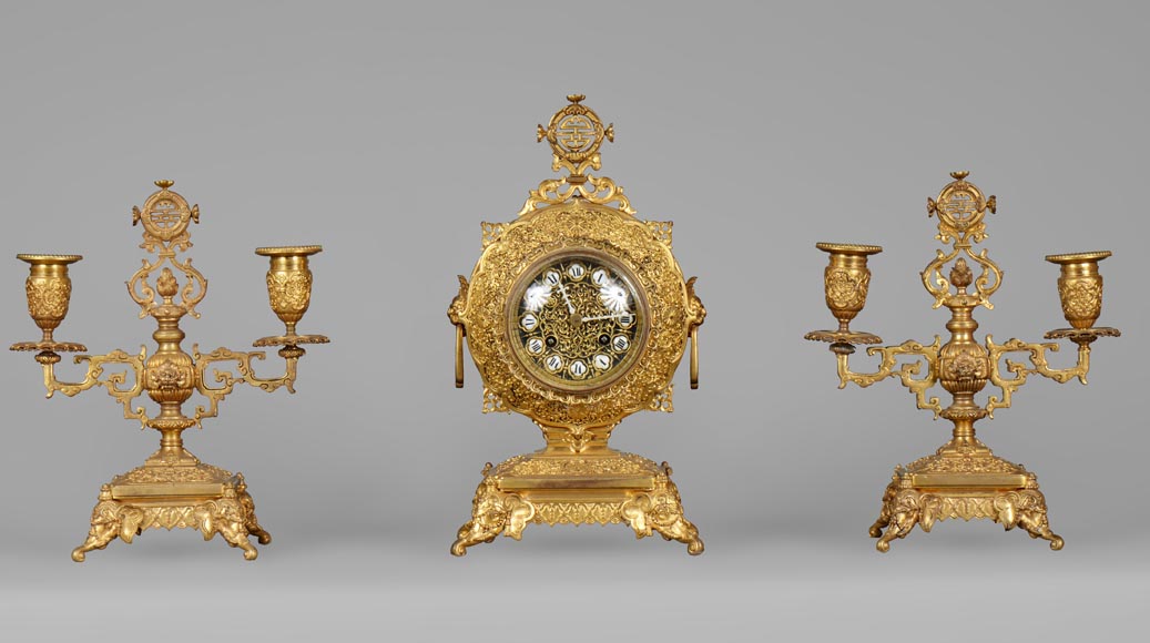 Ferdinand BARBEDIENNE (attributed to) - Gilded bronze set clock in the taste of Japan-0