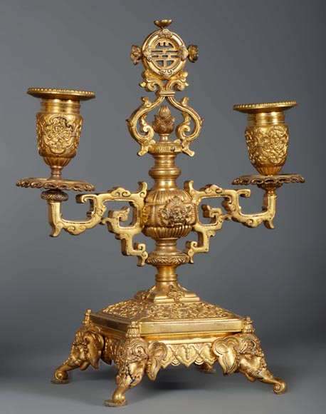 Ferdinand BARBEDIENNE (attributed to) - Gilded bronze set clock in the taste of Japan-10