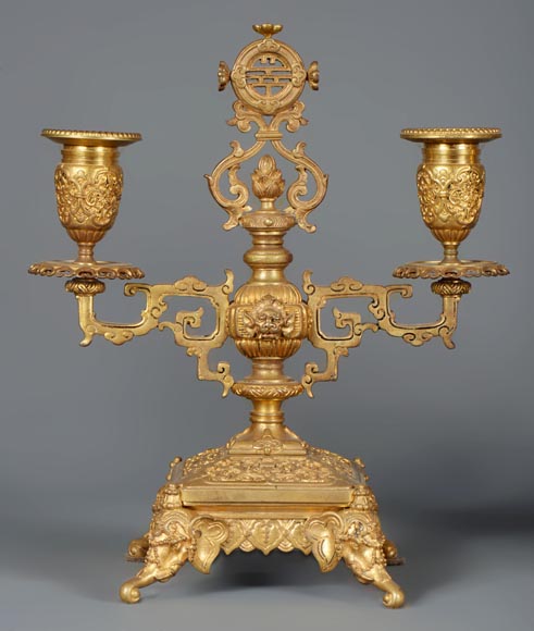 Ferdinand BARBEDIENNE (attributed to) - Gilded bronze set clock in the taste of Japan-11