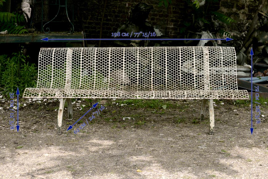 Antique white garden bench with perforated decoration, 1930s-6