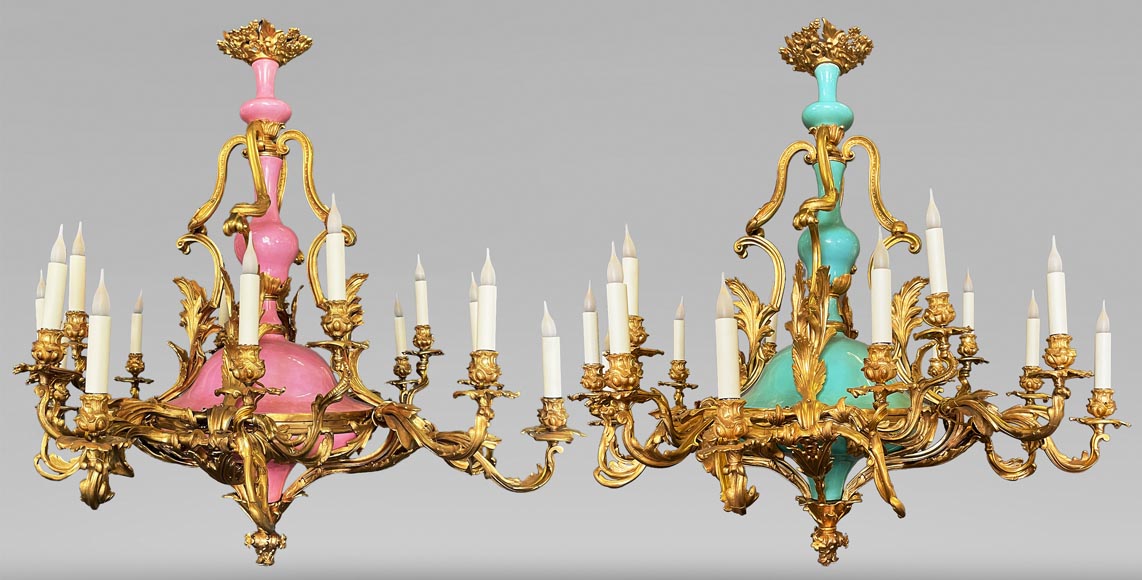 Pair of gilt bronze and blue and pink porcelain chandeliers dating from the Napoleon III reign Pair of gilt bronze and blue and pink porcelain chandeliers dating from the Napoleon III reign-0