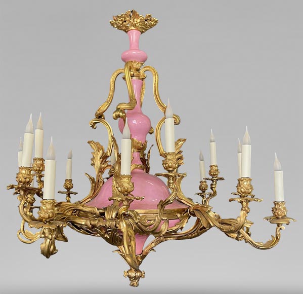 Pair of gilt bronze and blue and pink porcelain chandeliers dating from the Napoleon III reign Pair of gilt bronze and blue and pink porcelain chandeliers dating from the Napoleon III reign-1