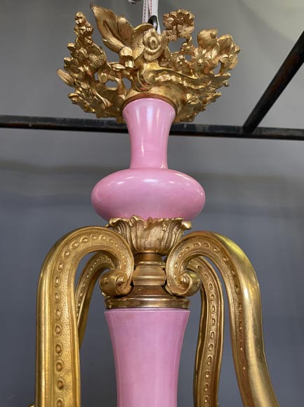 Pair of gilt bronze and blue and pink porcelain chandeliers dating from the Napoleon III reign Pair of gilt bronze and blue and pink porcelain chandeliers dating from the Napoleon III reign-2