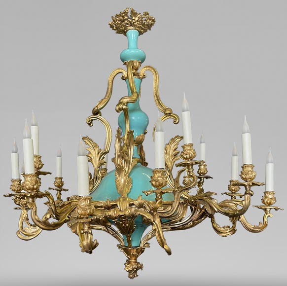 Pair of gilt bronze and blue and pink porcelain chandeliers dating from the Napoleon III reign Pair of gilt bronze and blue and pink porcelain chandeliers dating from the Napoleon III reign-7