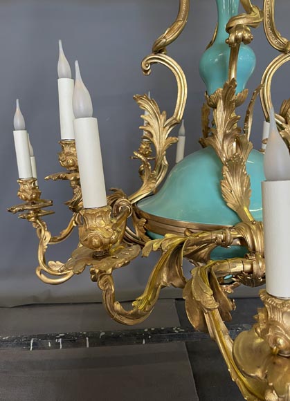 Pair of gilt bronze and blue and pink porcelain chandeliers dating from the Napoleon III reign Pair of gilt bronze and blue and pink porcelain chandeliers dating from the Napoleon III reign-9