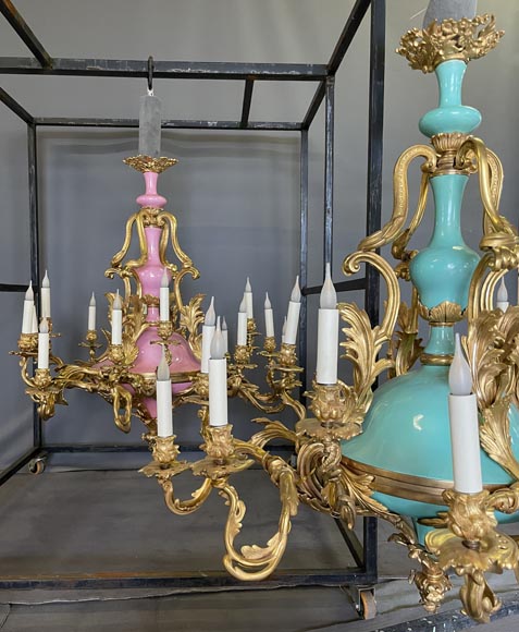 Pair of gilt bronze and blue and pink porcelain chandeliers dating from the Napoleon III reign Pair of gilt bronze and blue and pink porcelain chandeliers dating from the Napoleon III reign-11