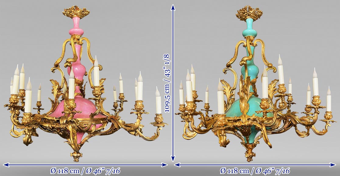 Pair of gilt bronze and blue and pink porcelain chandeliers dating from the Napoleon III reign Pair of gilt bronze and blue and pink porcelain chandeliers dating from the Napoleon III reign-12