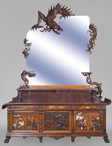 Maison des Bambous Alfred PERRET and Ernest VIBERT - Large Japanese-style cupboard and its mirror with dragons Maison des Bambous Alfred PERRET and Ernest VIBERT - Large Japanese-style cupboard and its mirror with dragons-0