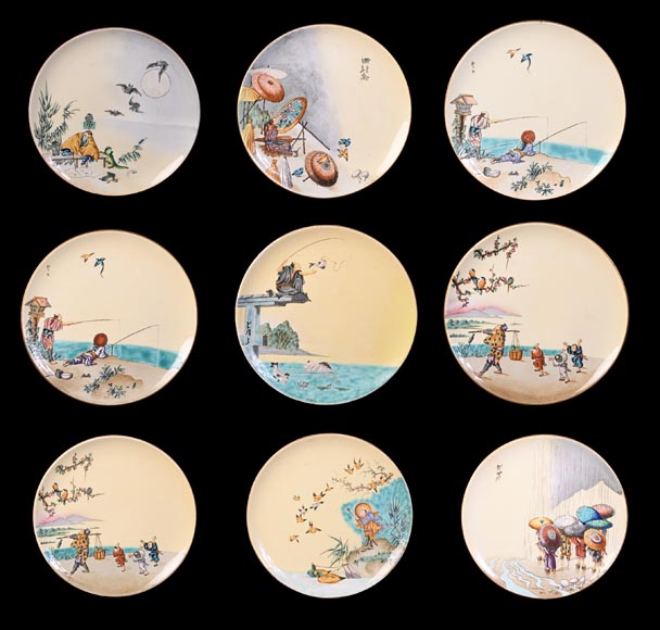 Manufacture Jules Vieillard & Cie, set of nine Japonist plates-0