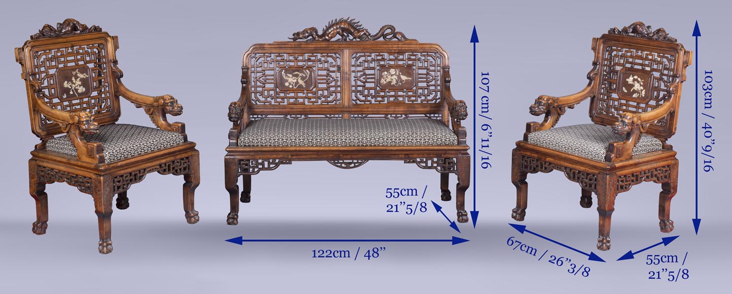 Maison des Bambous Alfred PERRET et Ernest VIBERT (attributed to) - Beautiful japanese style living room furniture set with dragons and openwork backs of seat-12