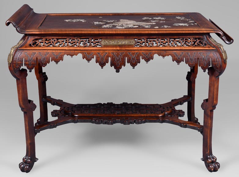 Gabriel Viardot (attributed to), Japanese table with bones birds marquetery, circa 1870-1880-0