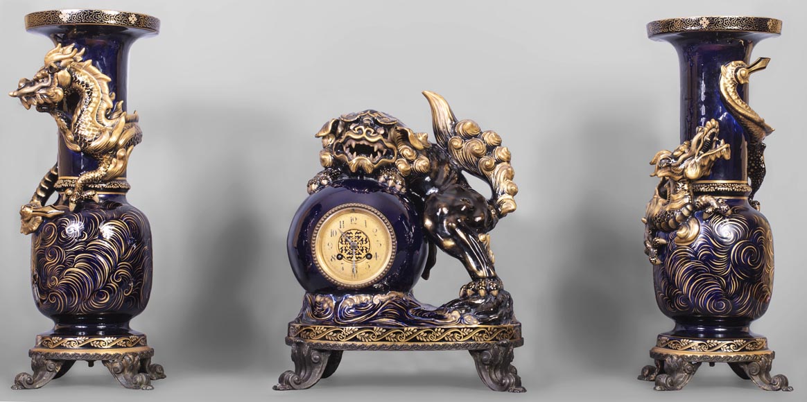 Japanese style clock set with Fô dog-0