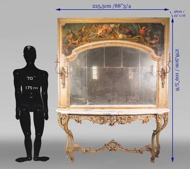 An antique console and its mirror, in Louis XV style, with parrots-13