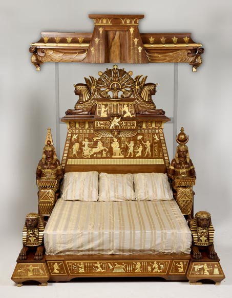 Louis MALARD, Unique “Ramses-Style” Bedroom in Walnut With Gold Leaf Embellishment, 1889 World’s Fair-1