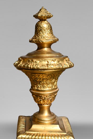 Pair of Louis XIV style gilt-bronze chenets decorated with profiles.-3