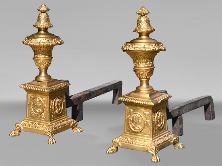 Pair of Louis XIV style gilt-bronze chenets decorated with profiles.-4