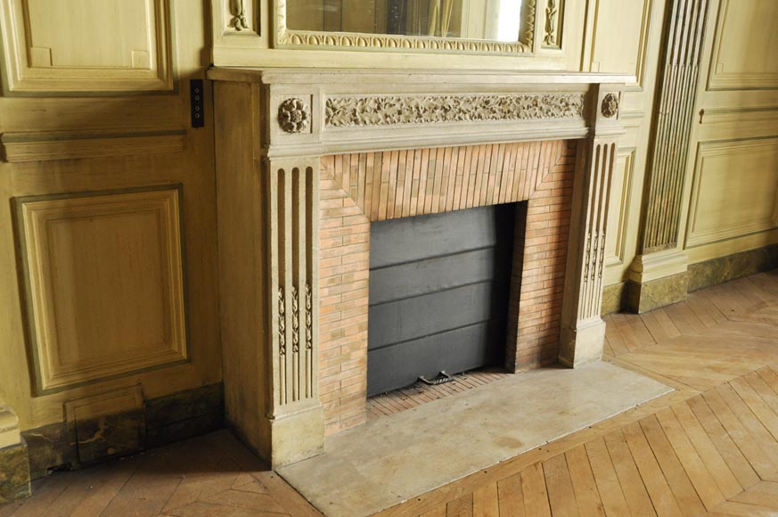 Beautiful Louis XVI style paneled room with its stone fireplace and a marine scene, oil on canvas-8