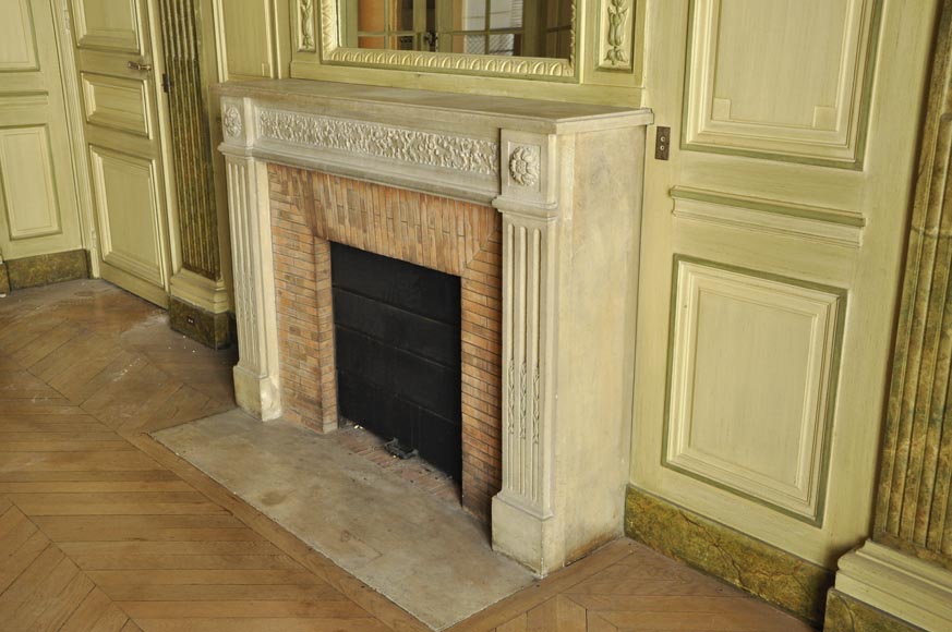 Beautiful Louis XVI style paneled room with its stone fireplace and a marine scene, oil on canvas-11