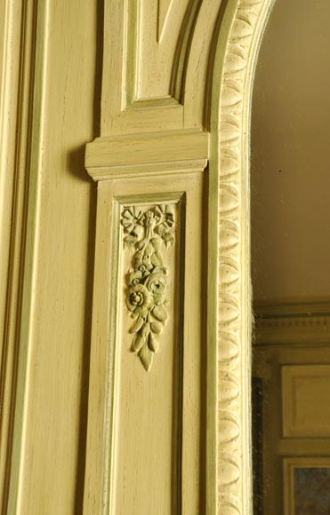 Beautiful Louis XVI style paneled room with its stone fireplace and a marine scene, oil on canvas-17