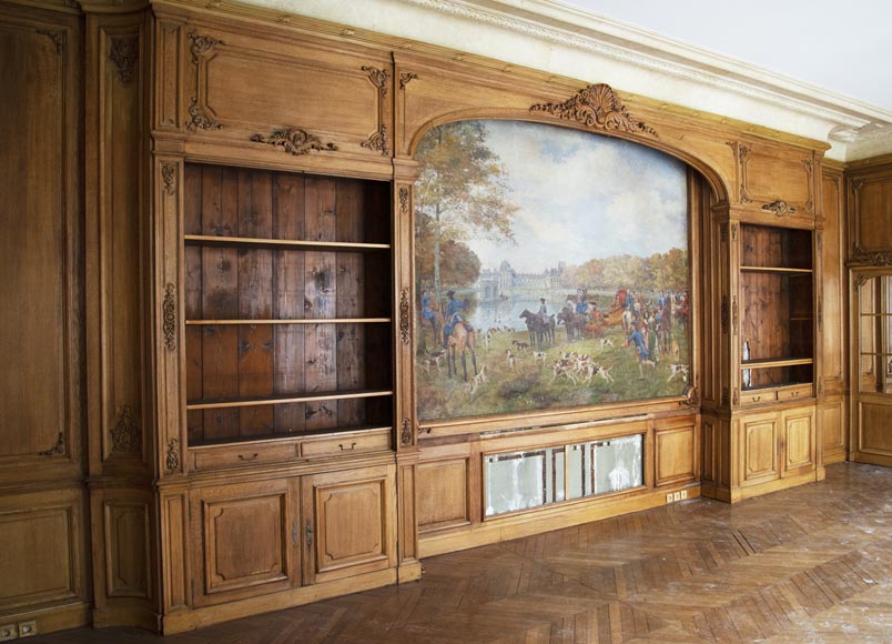 Louis XV oak paneled room with its fireplace and a canvas by Paul Tavernier-1