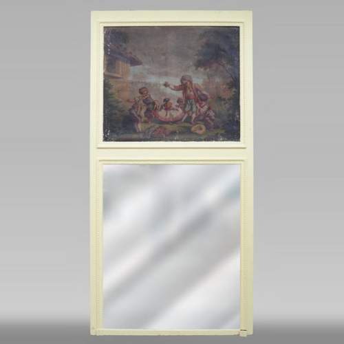 Antique trumeau with an oil on canvas representing a scene of children playing with a dog