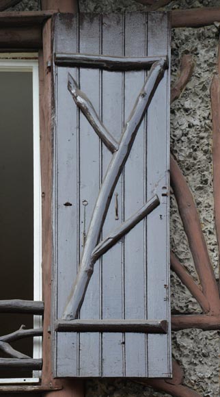 Original set of a pair of wooden shutters and railings, rustic style, mid-19th centur-2