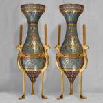 Louis-Constant SÉVIN (1821-1888) and Ferdinand BARBEDIENNE (1810-1892), Exceptional Pair of Ornamental Vases in Bronze and Enamel, model presented during the International Exhibition of London in 1862