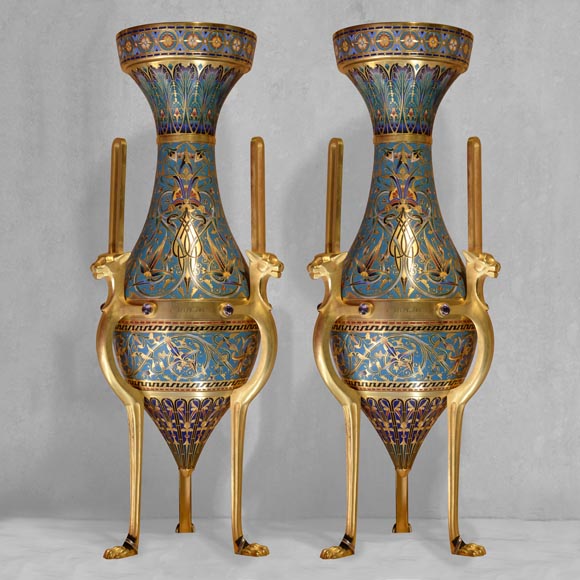 Louis-Constant SÉVIN (1821-1888) and Ferdinand BARBEDIENNE (1810-1892), Exceptional Pair of Ornamental Vases in Bronze and Enamel, model presented during the International Exhibition of London in 1862-0