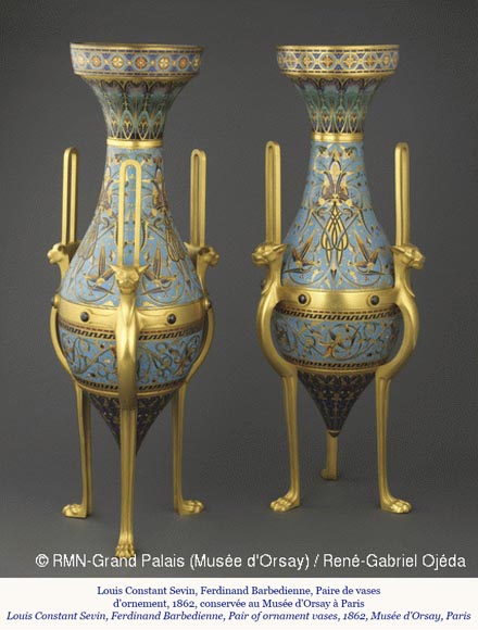 Louis-Constant SÉVIN (1821-1888) and Ferdinand BARBEDIENNE (1810-1892), Exceptional Pair of Ornamental Vases in Bronze and Enamel, model presented during the International Exhibition of London in 1862-1