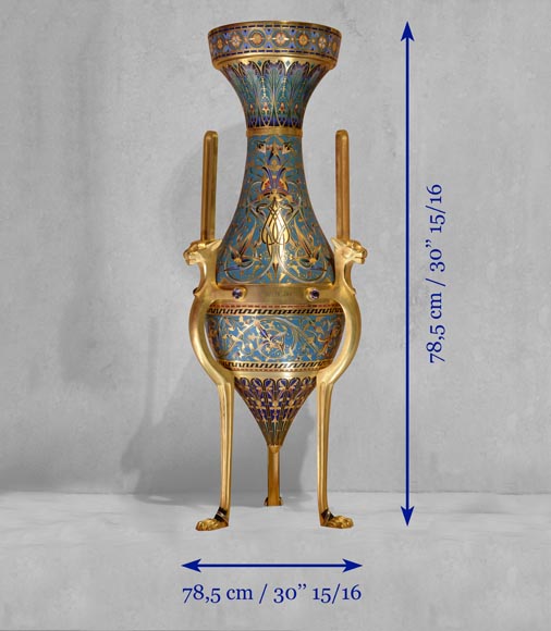 Louis-Constant SÉVIN (1821-1888) and Ferdinand BARBEDIENNE (1810-1892), Exceptional Pair of Ornamental Vases in Bronze and Enamel, model presented during the International Exhibition of London in 1862-6