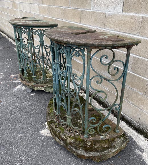 Pair of wrought-iron outdoor side-tables, half-moon shape-3