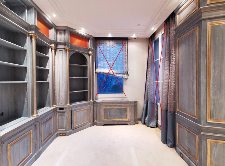 Wood paneled room with trompe l'oeil library decoration, late 20th century-10