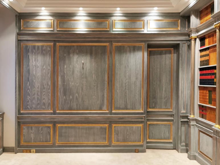 Wood paneled room with trompe l'oeil library decoration, late 20th century-13