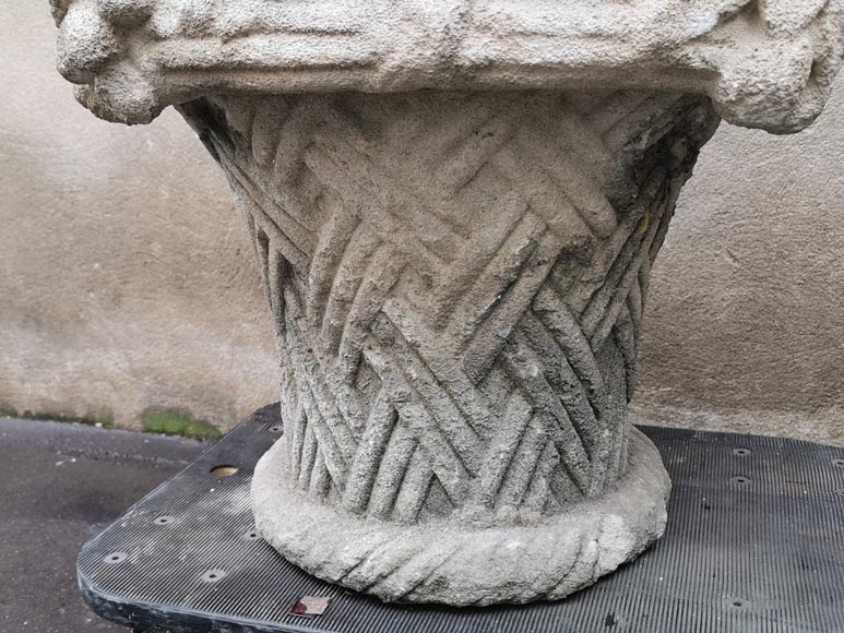 Pair of baskets full of fruits and flowers in sculpted stone, end of the 19th century-9