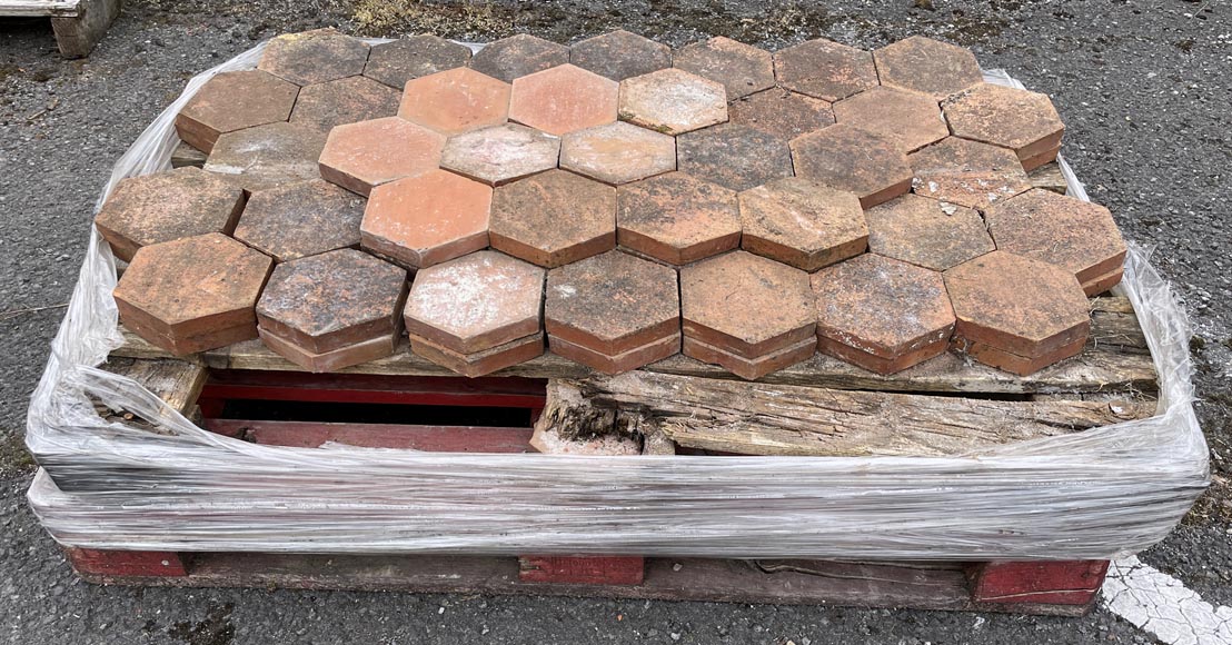 Lot of 1.4 m² of antique hexagonal terracotta tiles, 19th century-4